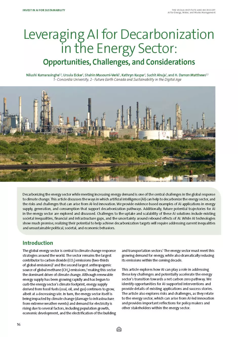 First page of "Leveraging AI for Decarbonization in the Energy Sector: Opportunities, Challenges, and Considerations"