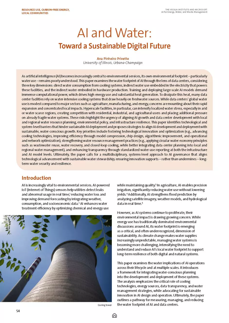 First page of "AI and Water: Toward a Sustainable Digital Future"